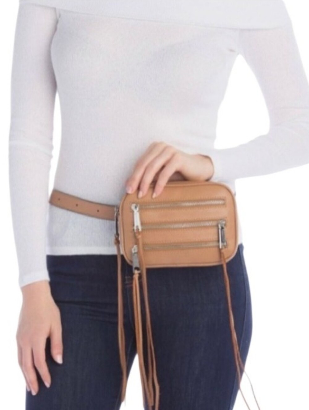 Rebecca Minkoff Tan Pebbled  Leather 3 Zip  Belt Bag - Classic Hands-Free